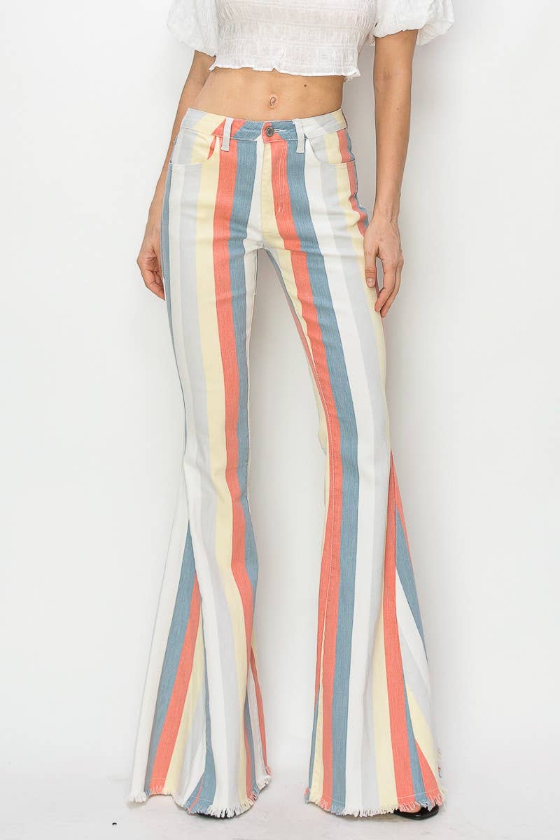 MULTI STRIPE DISTRESSED DENIM FLARED PANTS BOHO, BOHEMIAN, STRIPES, RODEO, WESTERN, FLARED. VERY NICE!