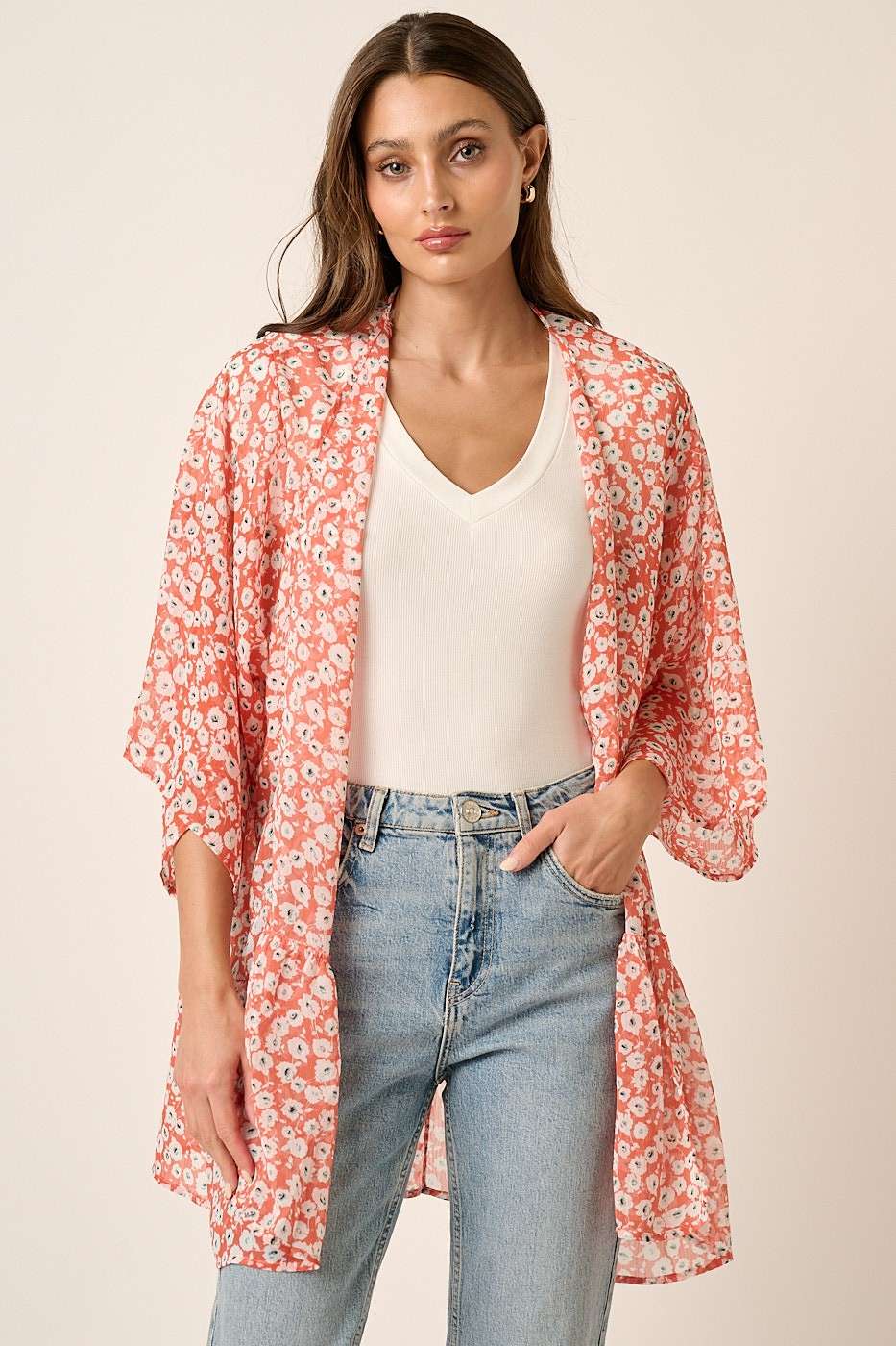 FLOWER PRINT ON YORYU CHIFFON WOVEN FABRIC -OPEN FRONT -RUFFLE DETAIL ON BOTTOM VERY NICE!