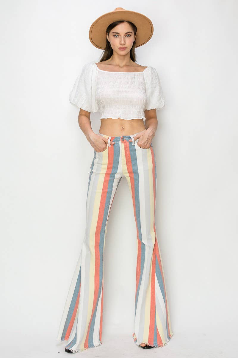 MULTI STRIPE DISTRESSED DENIM FLARED PANTS BOHO, BOHEMIAN, STRIPES, RODEO, WESTERN, FLARED. VERY NICE!