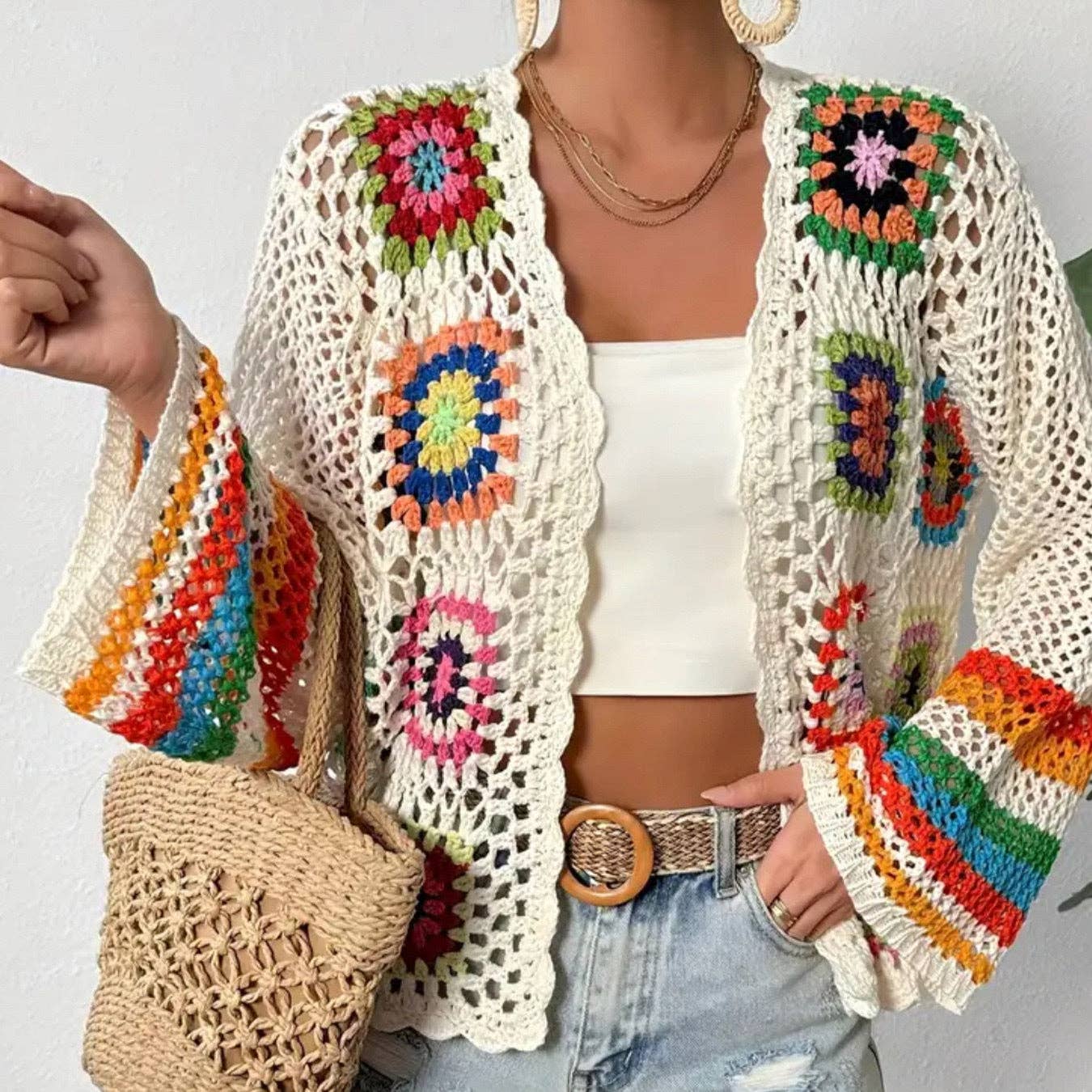 Bohemian Rainbow Crochet Cardigan.  Very Nice!
