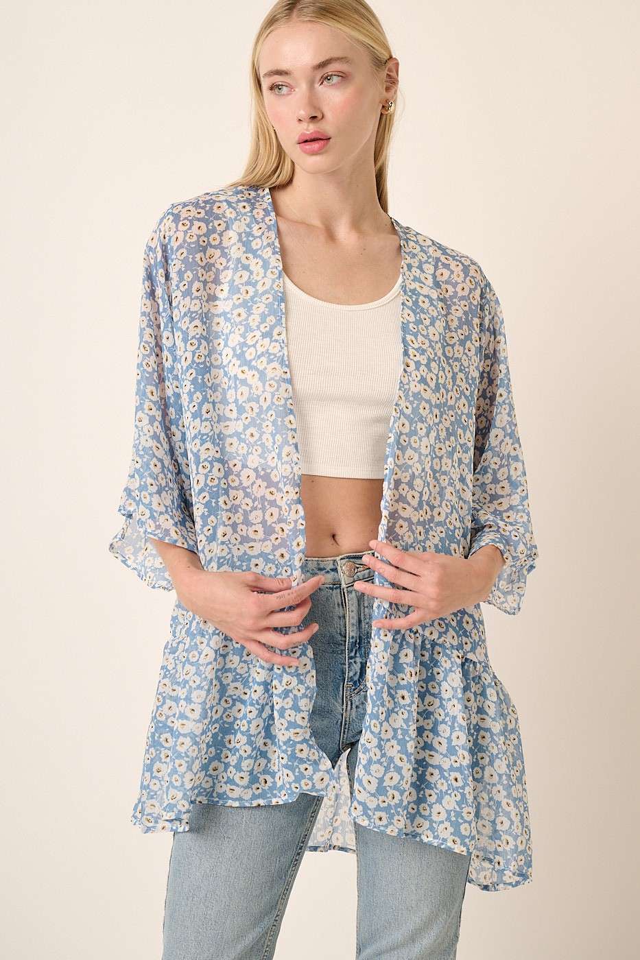 FLOWER PRINT ON YORYU CHIFFON WOVEN FABRIC -OPEN FRONT -RUFFLE DETAIL ON BOTTOM VERY NICE!