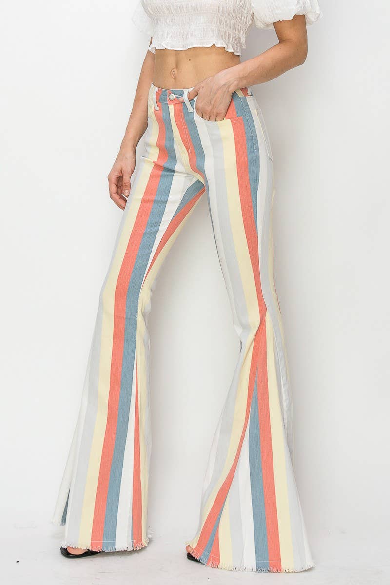 MULTI STRIPE DISTRESSED DENIM FLARED PANTS BOHO, BOHEMIAN, STRIPES, RODEO, WESTERN, FLARED. VERY NICE!