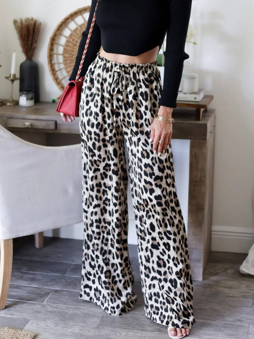 Leopard Print Wide-Leg Slacks: Leopard / M / L / XL