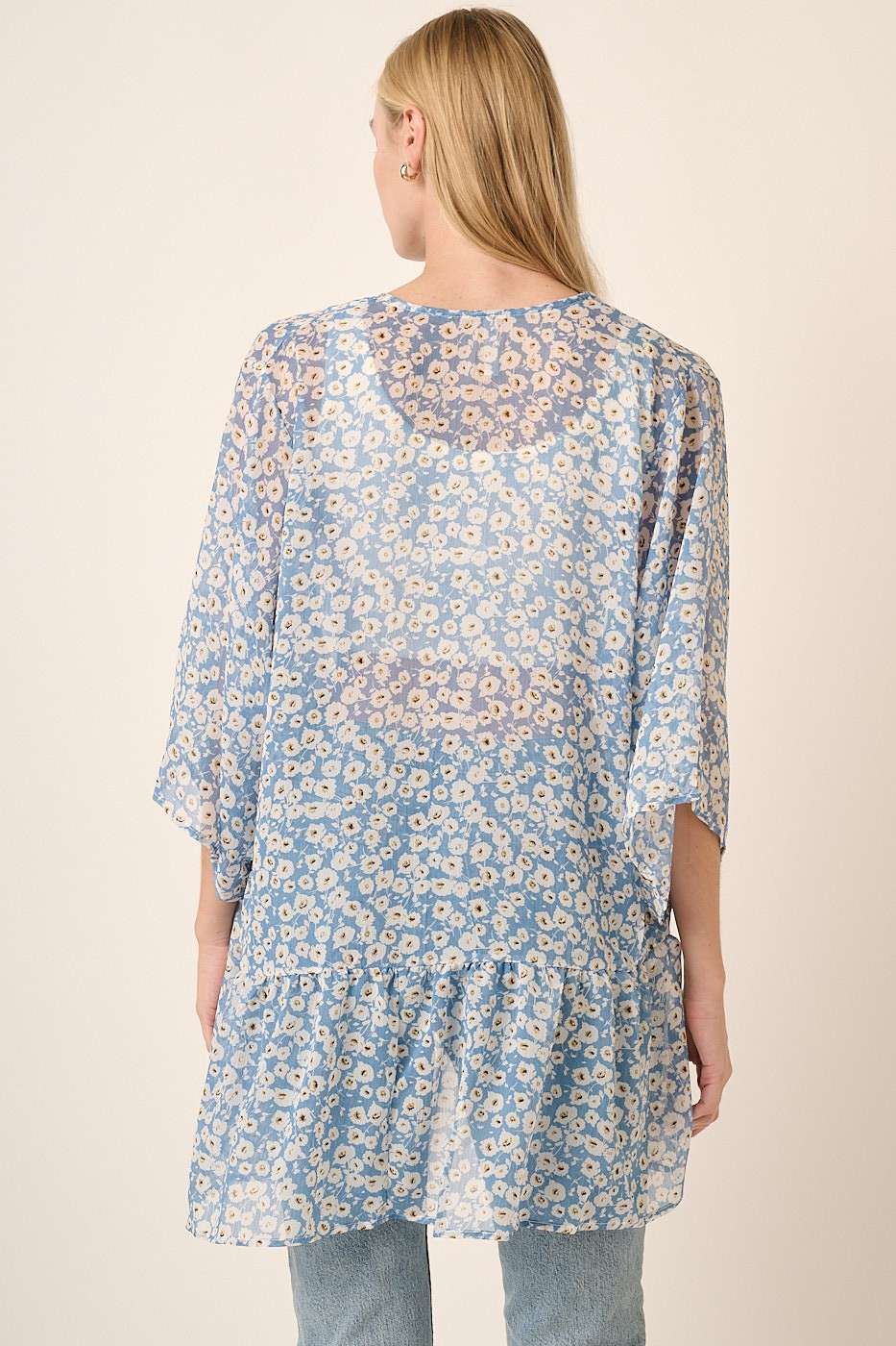 FLOWER PRINT ON YORYU CHIFFON WOVEN FABRIC -OPEN FRONT -RUFFLE DETAIL ON BOTTOM VERY NICE!