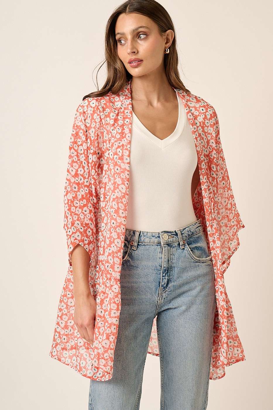 FLOWER PRINT ON YORYU CHIFFON WOVEN FABRIC -OPEN FRONT -RUFFLE DETAIL ON BOTTOM VERY NICE!