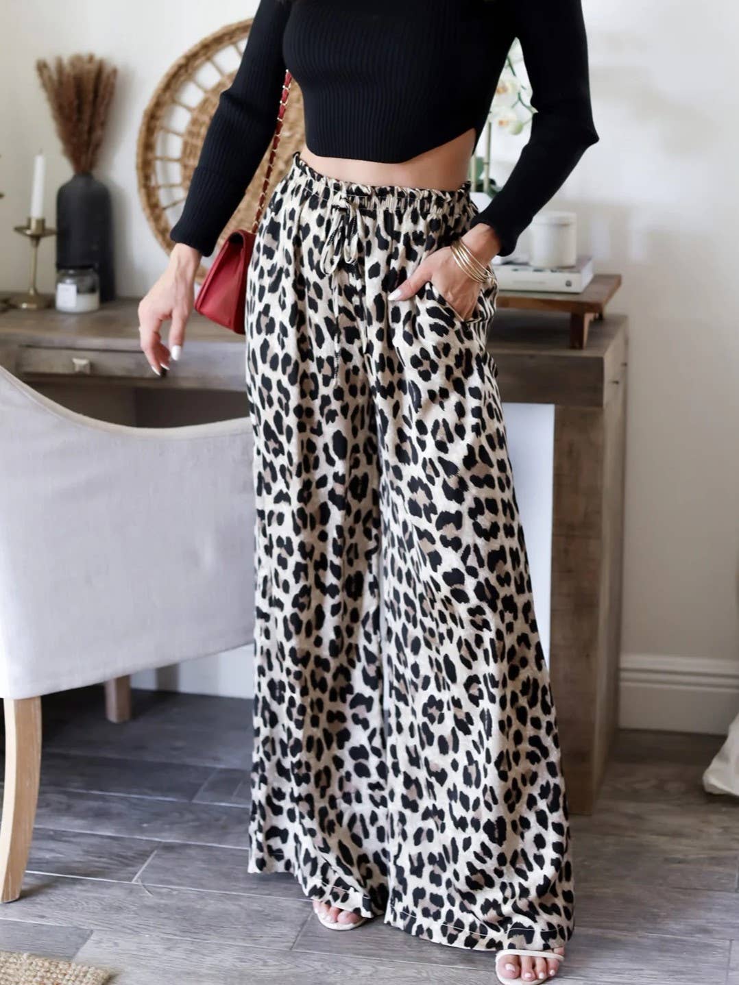 Leopard Print Wide-Leg Slacks: Leopard / M / L / XL