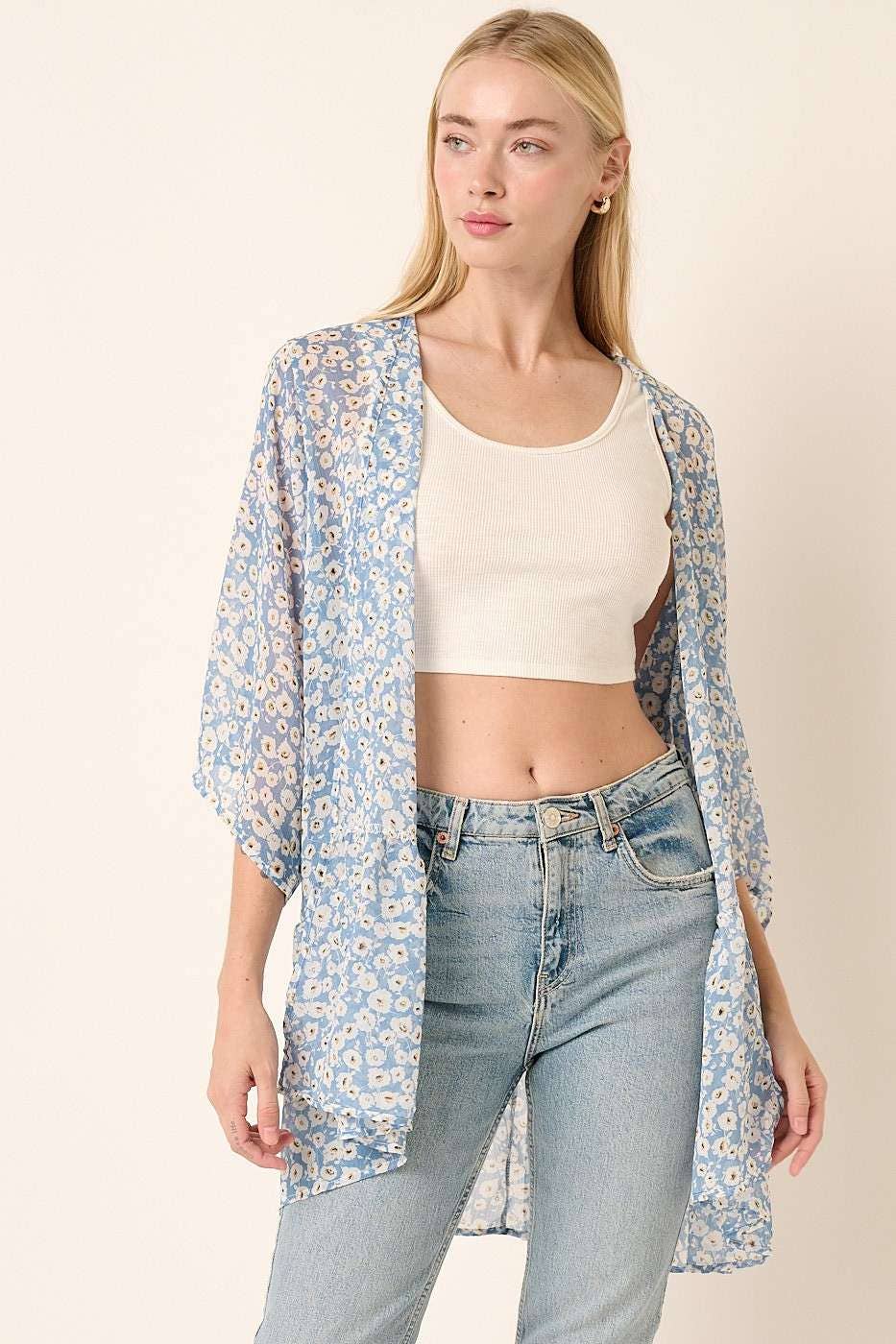 FLOWER PRINT ON YORYU CHIFFON WOVEN FABRIC -OPEN FRONT -RUFFLE DETAIL ON BOTTOM VERY NICE!