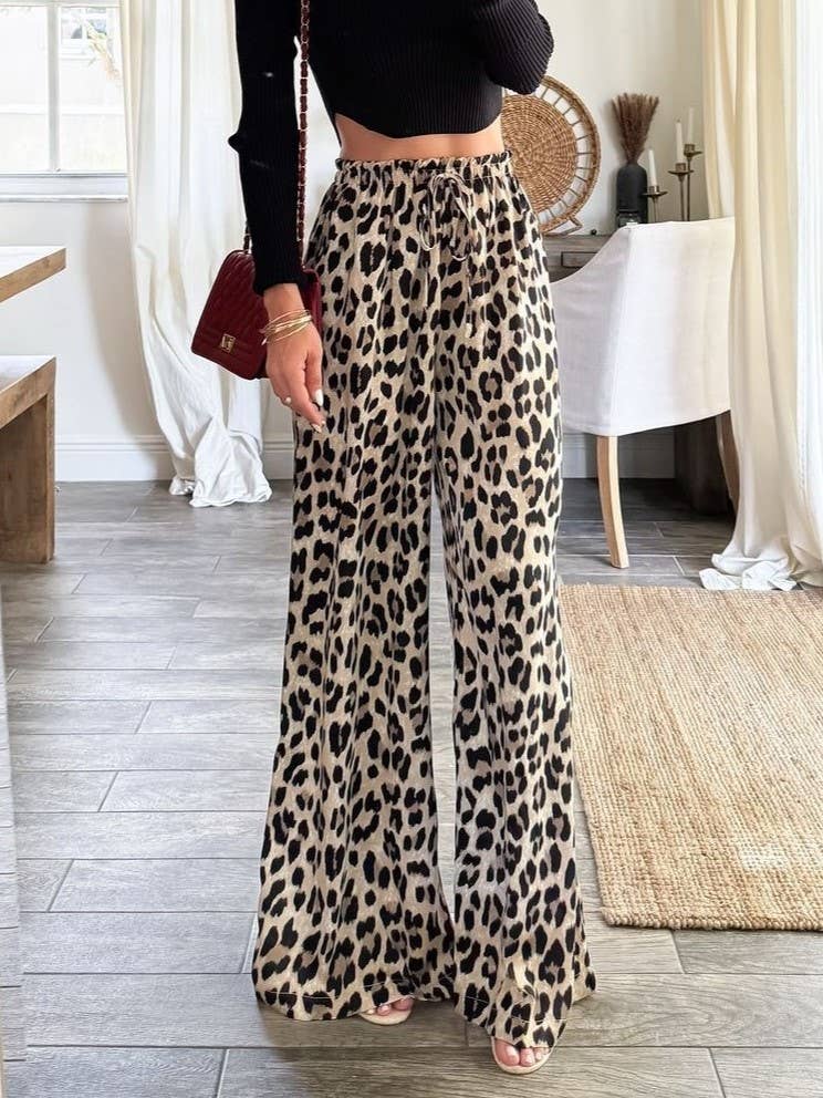 Leopard Print Wide-Leg Slacks: Leopard / M / L / XL