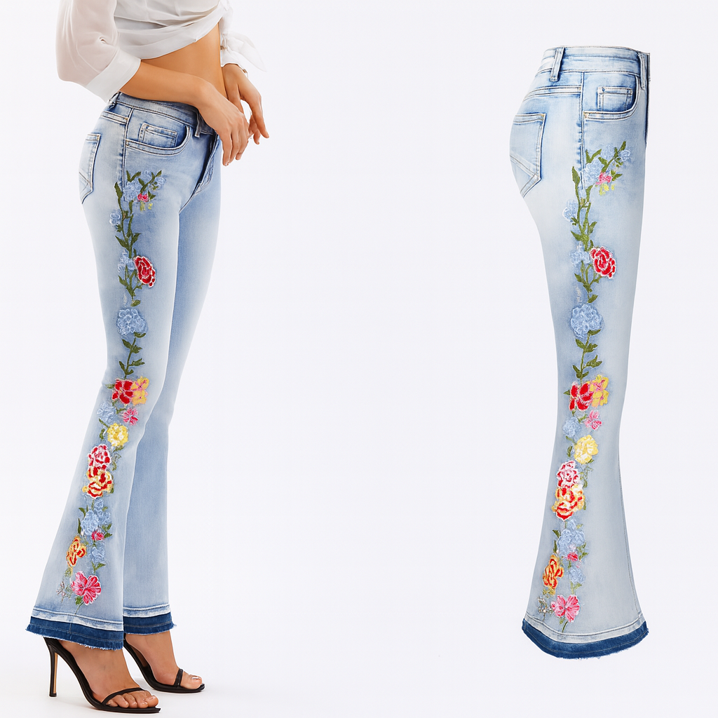 Beautiful Floral Embroidered High Quality Flared Denim Pants for Women. Very Nice!