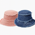 Distressed Bucket Hat - Adjustable Retro with Elastic Closure and Breathable - Denim Blue / Pink - One Size