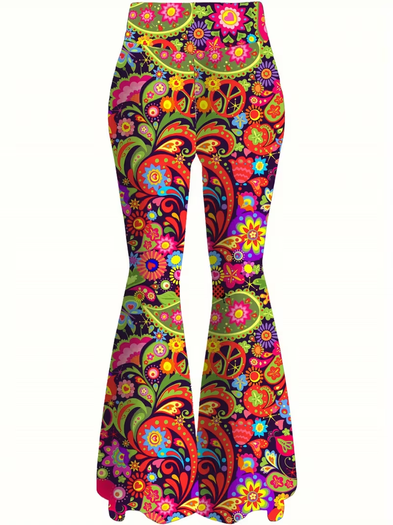 Women's High Waisted Flared Pants Stretchy Floral Hippie Style.  Very Nice!