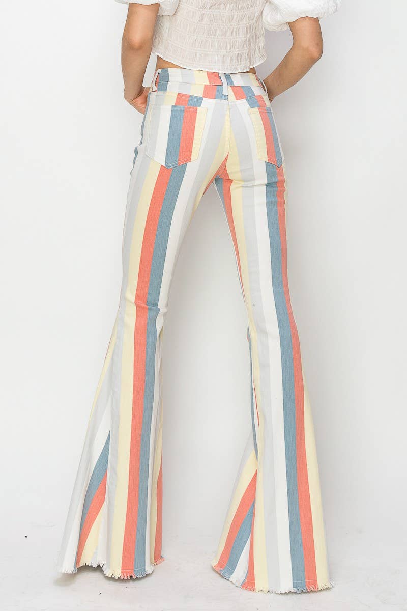 MULTI STRIPE DISTRESSED DENIM FLARED PANTS BOHO, BOHEMIAN, STRIPES, RODEO, WESTERN, FLARED. VERY NICE!