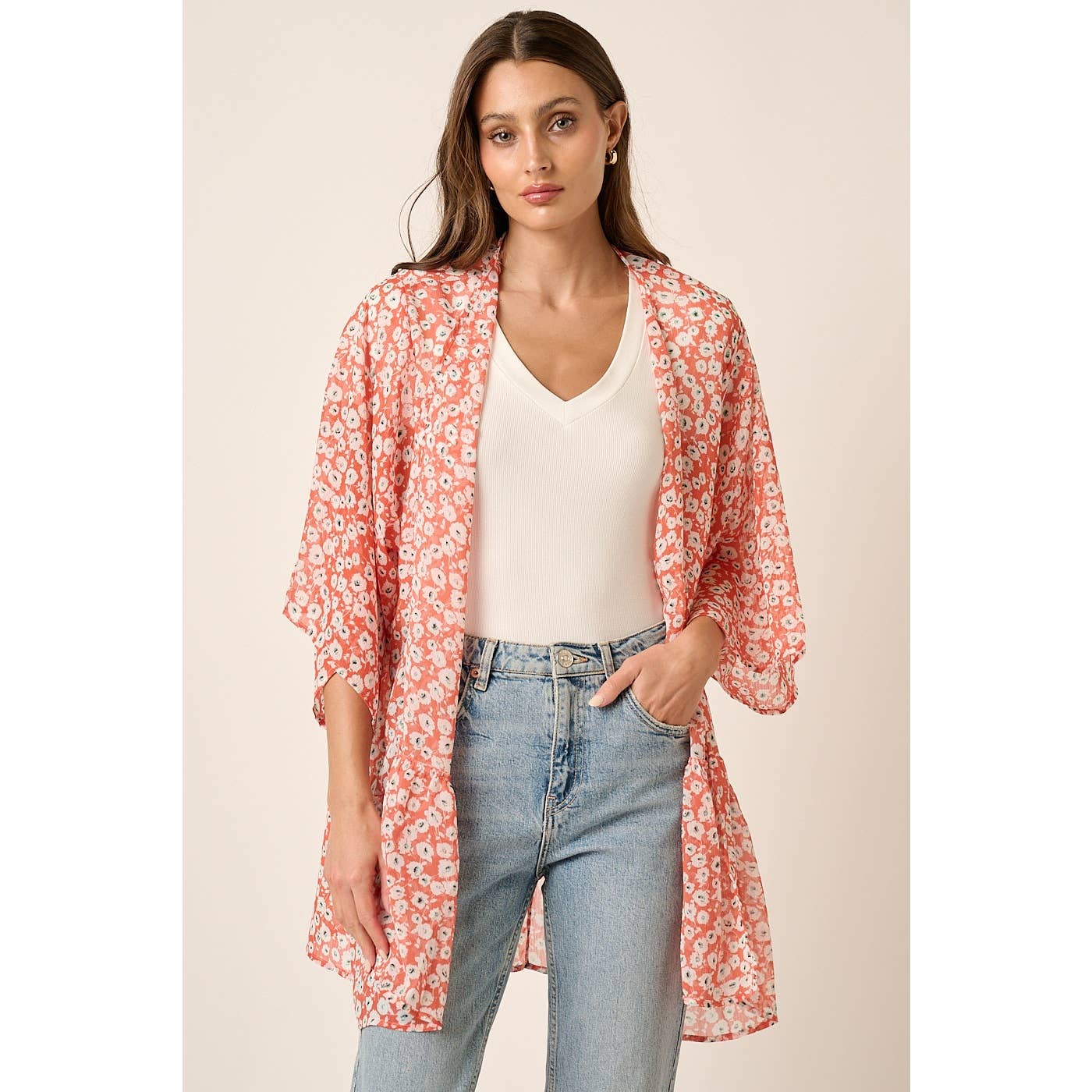 FLOWER PRINT ON YORYU CHIFFON WOVEN FABRIC -OPEN FRONT -RUFFLE DETAIL ON BOTTOM VERY NICE!