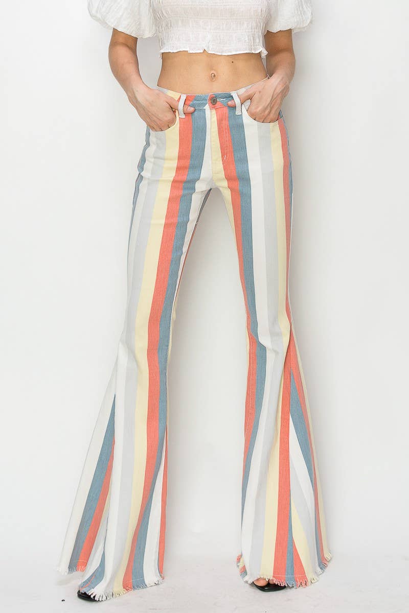 MULTI STRIPE DISTRESSED DENIM FLARED PANTS BOHO, BOHEMIAN, STRIPES, RODEO, WESTERN, FLARED. VERY NICE!