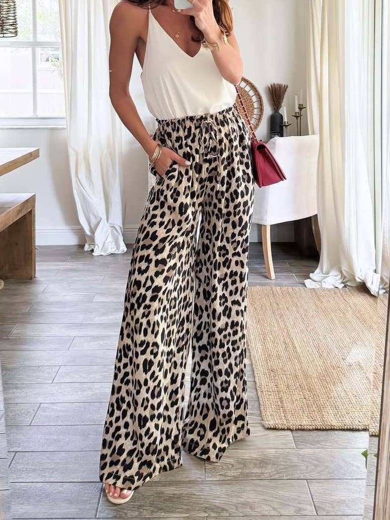 Leopard Print Wide-Leg Slacks: Leopard / M / L / XL