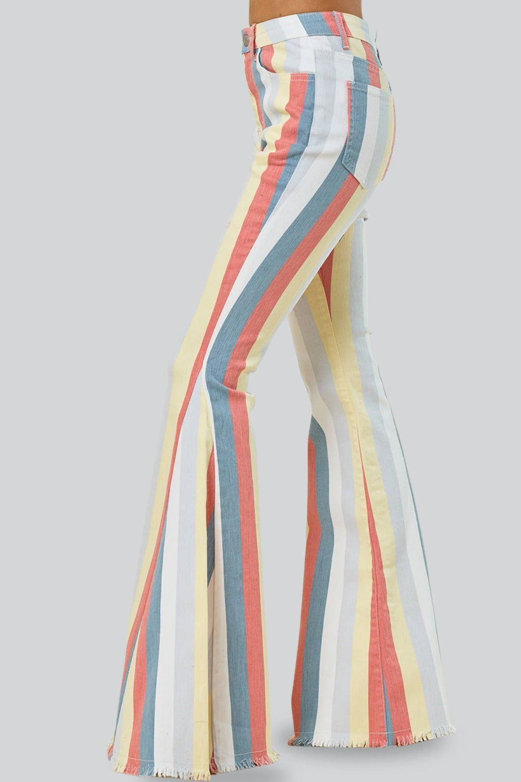 MULTI STRIPE DISTRESSED DENIM FLARED PANTS BOHO, BOHEMIAN, STRIPES, RODEO, WESTERN, FLARED. VERY NICE!