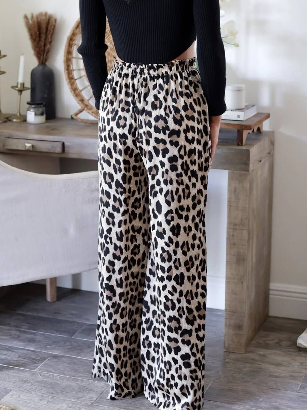 Leopard Print Wide-Leg Slacks: Leopard / M / L / XL