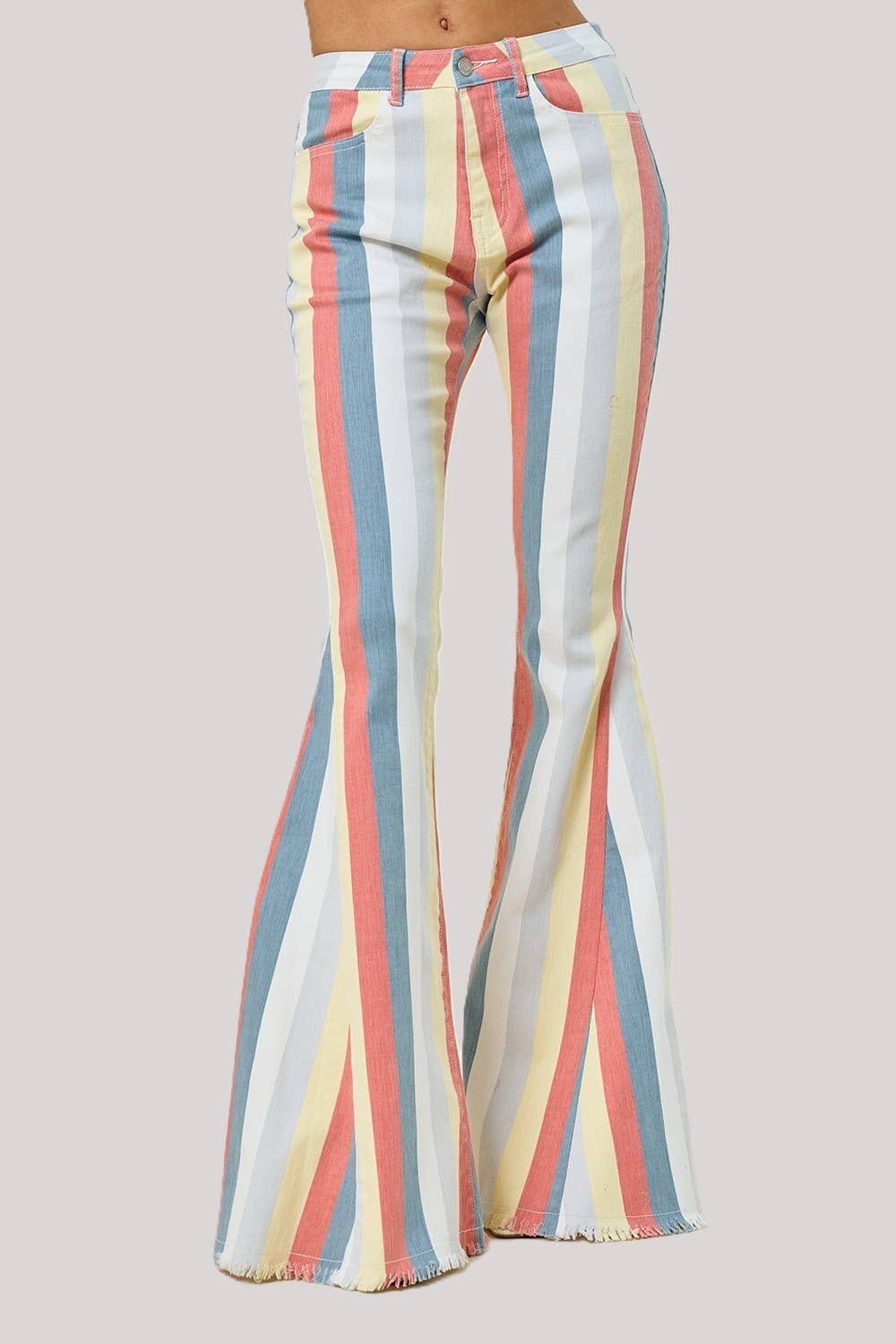 MULTI STRIPE DISTRESSED DENIM FLARED PANTS BOHO, BOHEMIAN, STRIPES, RODEO, WESTERN, FLARED. VERY NICE!